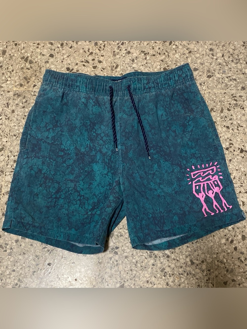 Billabong Teal Marble Swim Trunks with Pink Graphic
